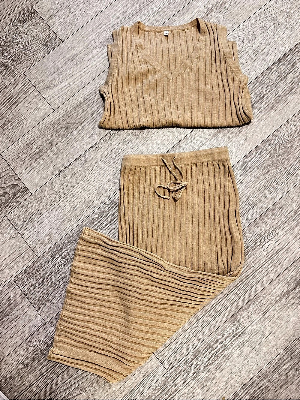 Ribbed Knit Two-Piece Maxi Set in Brown